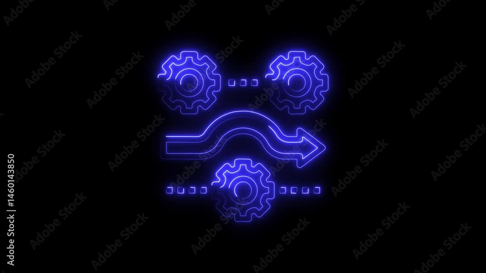 Poster neon streamlined process with gears and arrow on black background