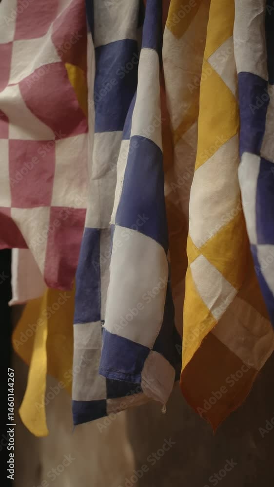 Aufkleber colorful checkered fabric hanging, creating visual textures and patterns with soft light and elegant