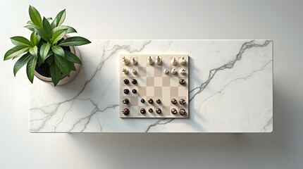 Aerial view of a chessboard with elegant white and black pieces, complemented by a vibrant green potted plant on a marble table.
