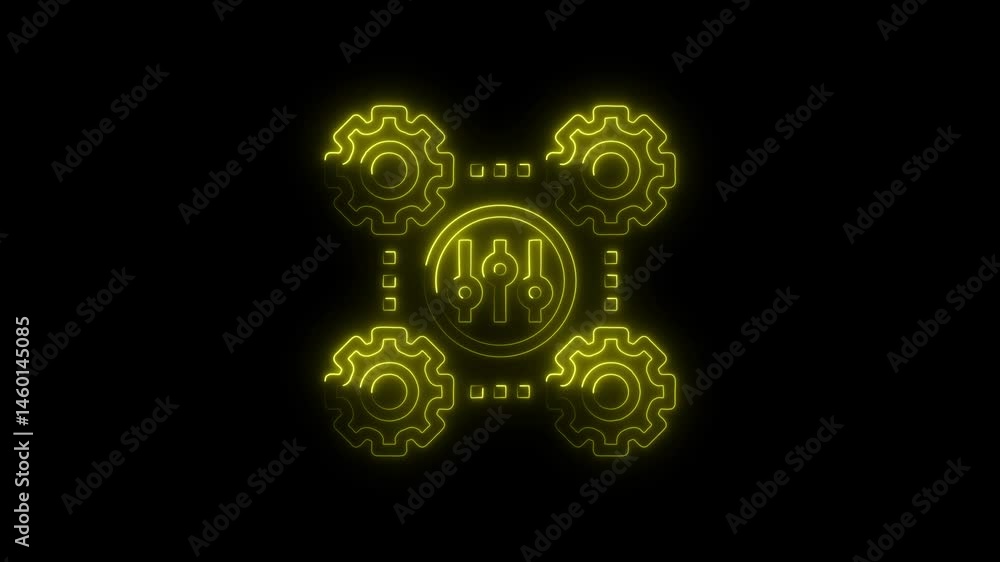 Poster glowing yellow neon style gears and circuitry connection animation on dark background