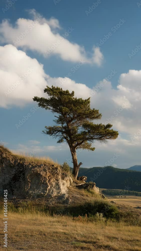 Poster tree standing tall on a small bluff overlooking a grassy field under a blue sky with scattered cloud