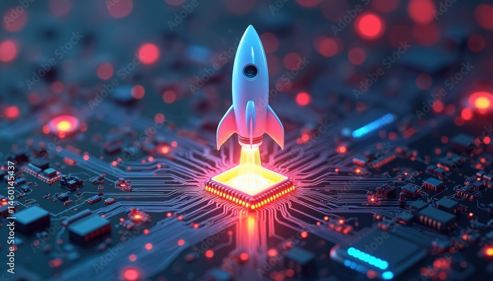 Poster digital illustration shows rocket launch from ai chip. tech concept, futuristic design, innovation, 