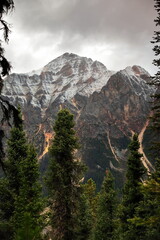 Snowy Franchère Peak (2805 m high) seen from Edith Cavell road leading to the homonymous mount and...