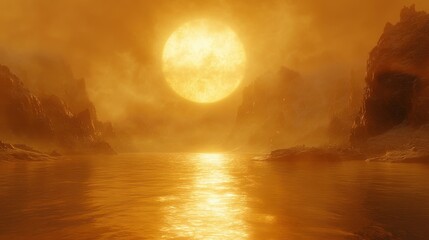 Fiery sun sets over a misty, rocky landscape