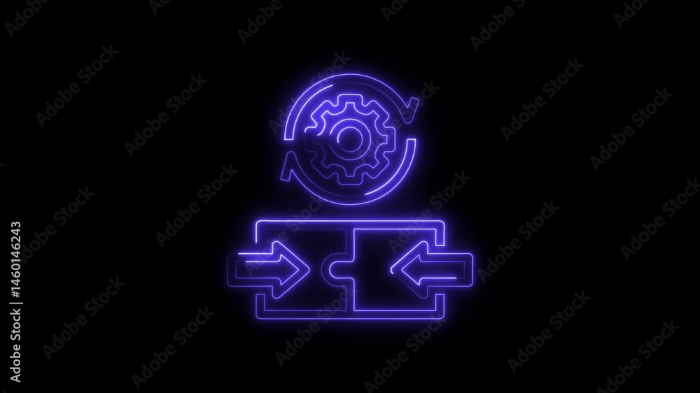 Poster glowing neon integration with gear and jigsaw puzzle connection on black background