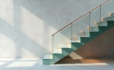 A clean and modern glass staircase with a minimalist landing against a backdrop of neutral gray background. A sleek metal railing with a subtle brushed finish descends into the distance, providing dep