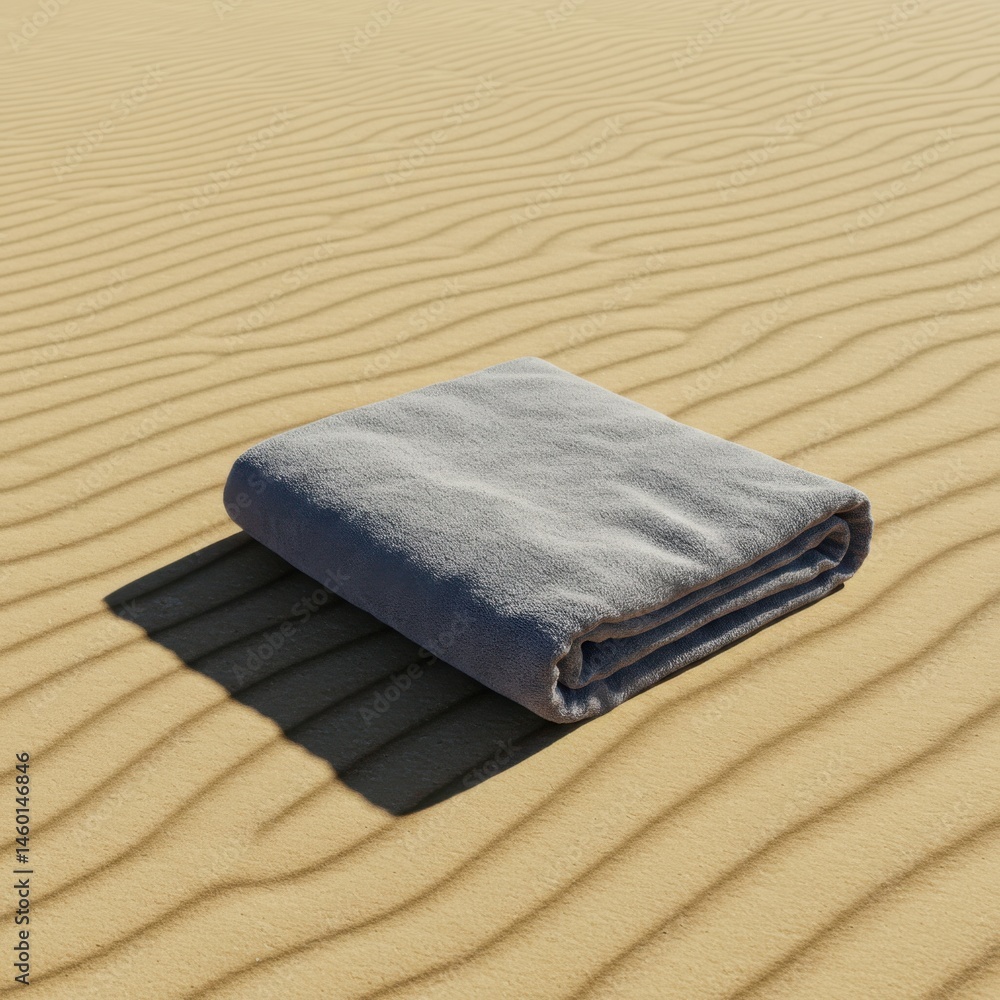 Poster a folded gray towel resting on sand with visible ripples and a shadow cast by the towel itself