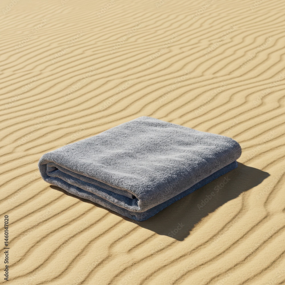 Poster a folded gray towel sitting on a sandy surface with wavy patterns in the background of the scene sho