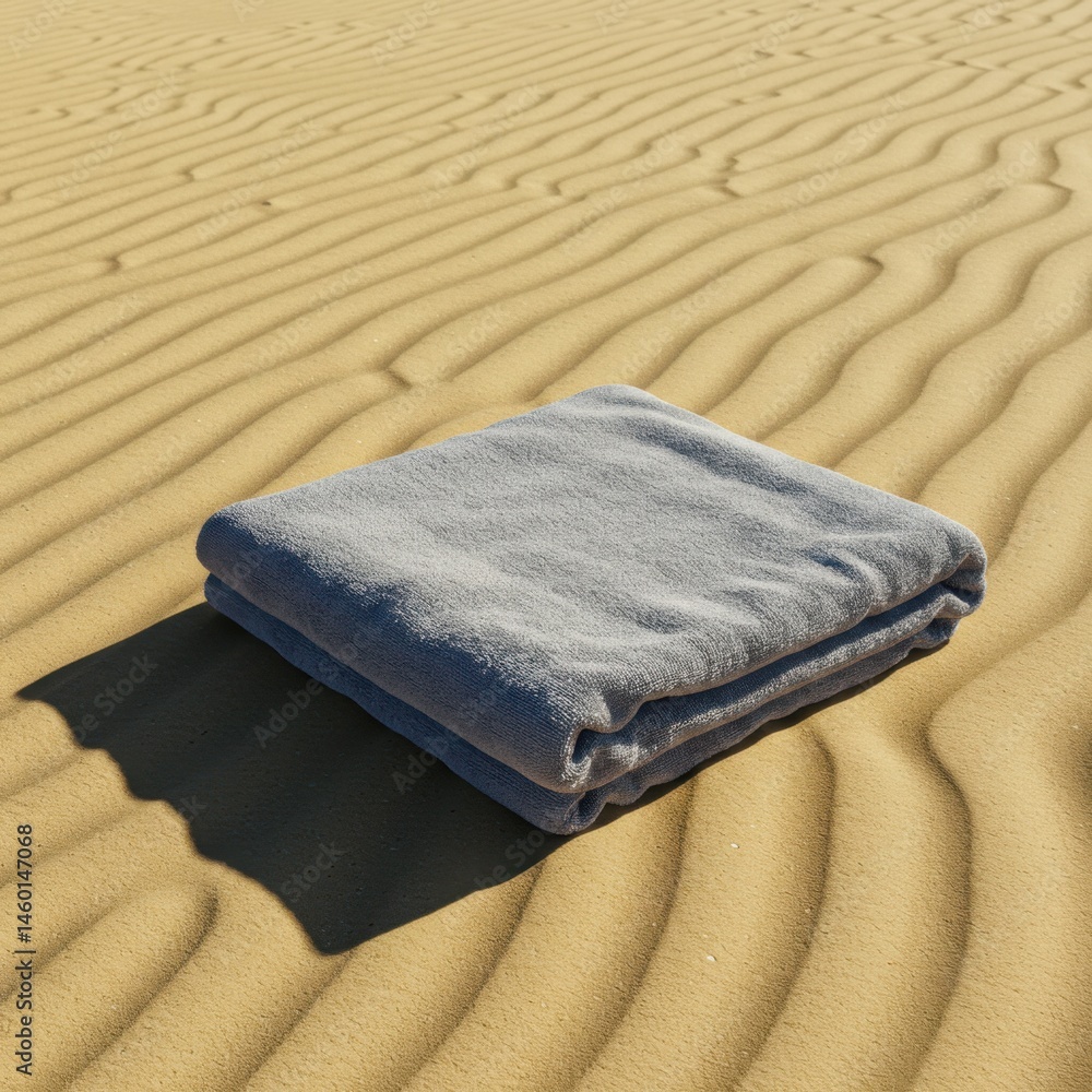 Poster a folded gray towel resting on a sandy surface with distinct wave like patterns in the background ou