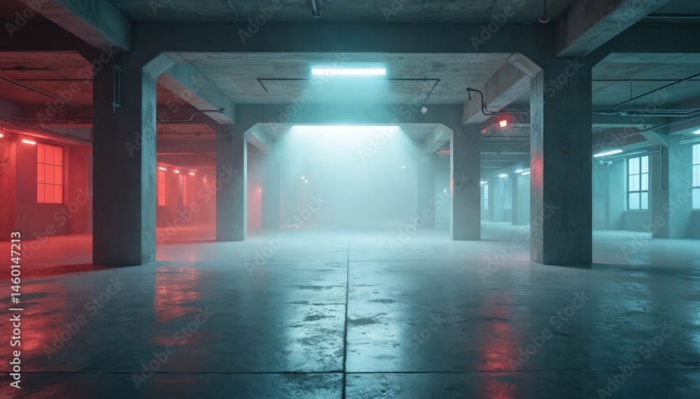 Aufkleber empty parking garage with dappled light, concrete pillars and walls. muted cyan and red tones create