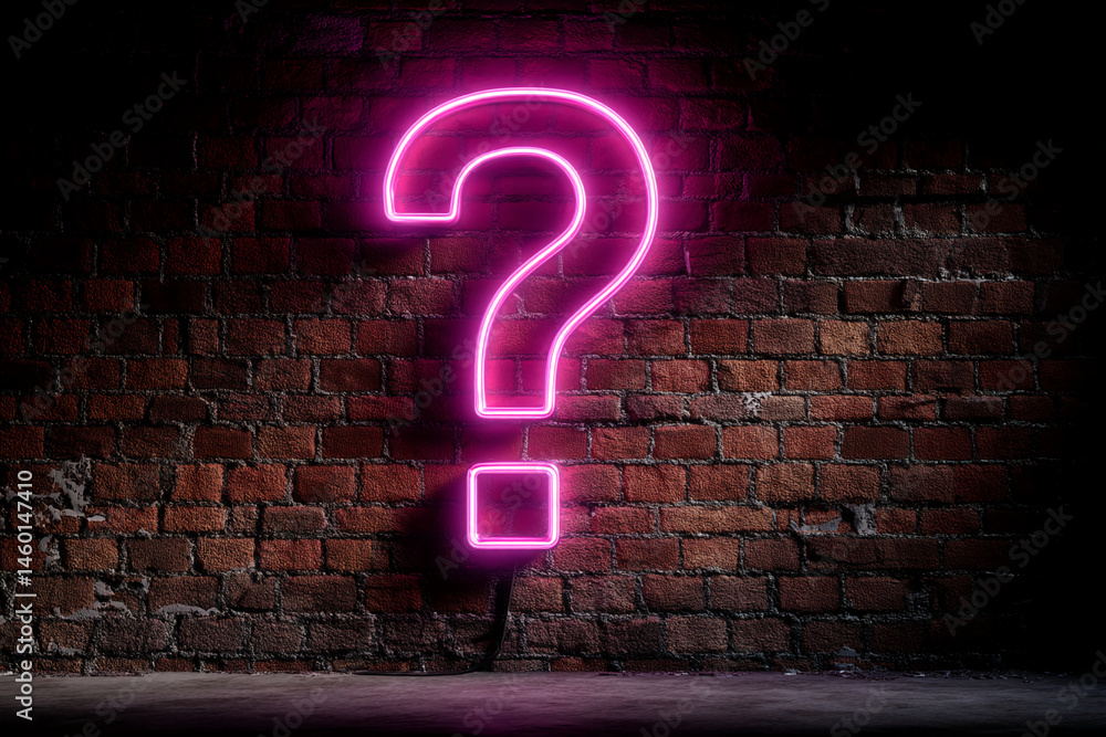 Poster pink neon question mark on brick wall background, creating intriguing, mysterious atmosphere, suitab