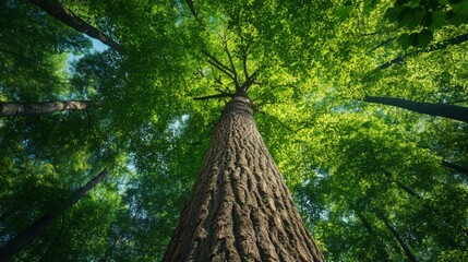 Fototapeta premium Majestic Tall Tree Viewed from Below in Lush Green Forest Canopy