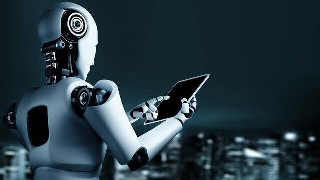 Futuristic robot artificial intelligence huminoid AI programming coding technology development and machine learning concept. Robotic bionic science research for future of human life. 3D rendering.