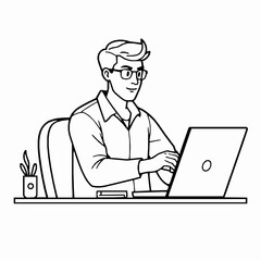 Man working on laptop computer black and white line art illustration