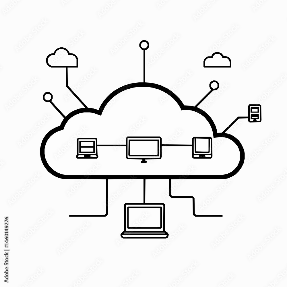 Poster cloud computing network illustration with connected devices in black and white simple outline style