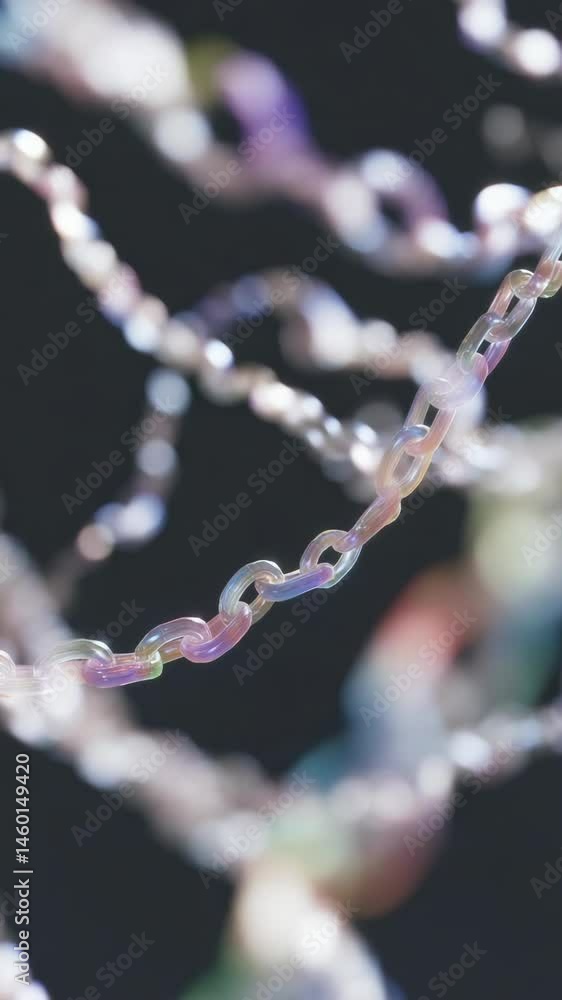 Poster colorful translucent chains hang against a dark background for a dynamic display.