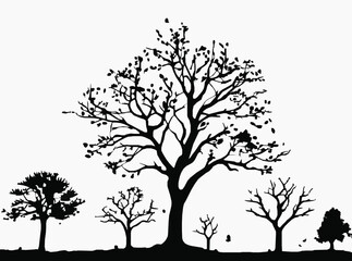 Monochrome silhouette landscape of various tree types with sparse leaves