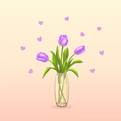 Three purple tulips in a vase on a square pink background with hearts. Banners and stickers. Greeting cards. Valentine's day. Vector illustration.