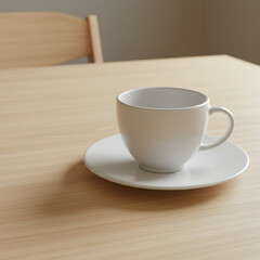 Obraz premium Simple Elegance A White Teacup on a Light Wood Table, Minimalist Still Life Photography