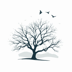 Fototapeta premium Solitary tree with birds in flight monochromatic illustration