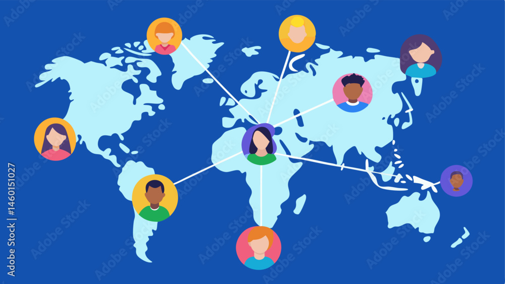Poster global network a stylized world map with nodes and connections overlaid illustrating individuals fro