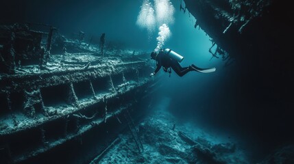 Underwater diver exploring a sunken ship's wreckage.