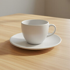 Obraz premium Simple Elegance A White Coffee Cup and Saucer on a Wooden Table, Bathed in Sunlight