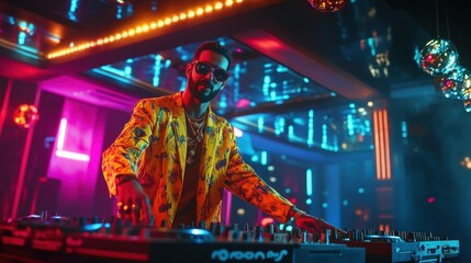 Stylish dj in a vibrant nightclub setting.