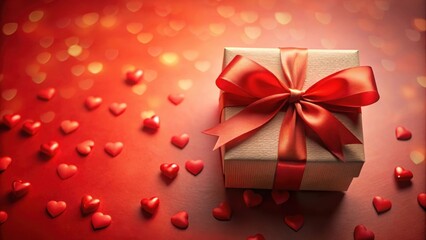 Obraz premium A delicate gift box adorned with a vibrant red ribbon rests on a backdrop of scattered red hearts, symbolizing love and celebration.