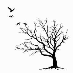 Obraz premium Silhouette of bare tree with flying birds illustration