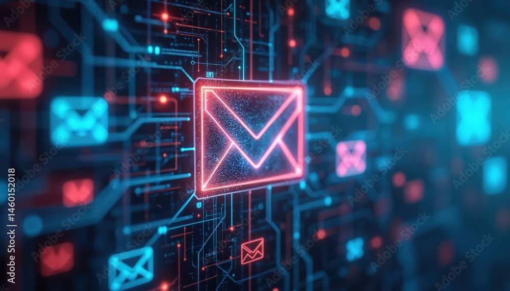 Poster Futuristic tech illustration of email communication network. Digital communication concept with glowing neon envelope symbol on circuit board, representing data transfer, connectivity in cyberspace.