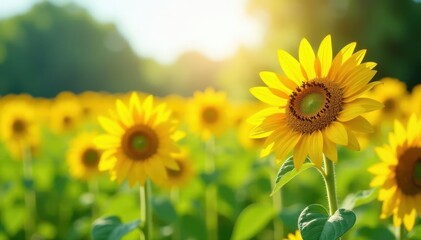 Sunflowers in a serene meadow, gently swaying in a summer breeze , warm, happy, breeze