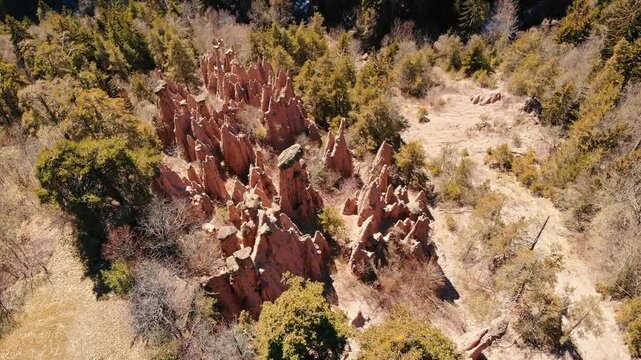 Aerial view Dolomites landscape with natural earth pyramids or stone mushrooms in Dolomite mountains, South Tyrol, Italy.