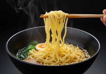 Close up of steaming ramen bowl with noodles being lifted by chopsticks on a dark background