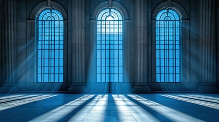 Moonlight Illuminates Grand Hall's Arched Windows