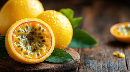 Fresh passion fruit halves on a wooden board