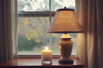 Cozy window scene with lamp and candle