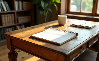 A classic wooden desk in a cozy home office setting with warm, soft lighting and a comfortable atmosphere. The table is set with a few, carefully placed, empty notepads and a pristine white pad on a m