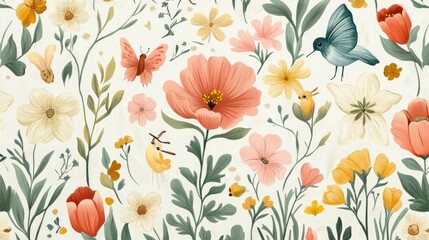 Whimsical Floral Garden: Butterflies, Birds, and Blooming Flowers