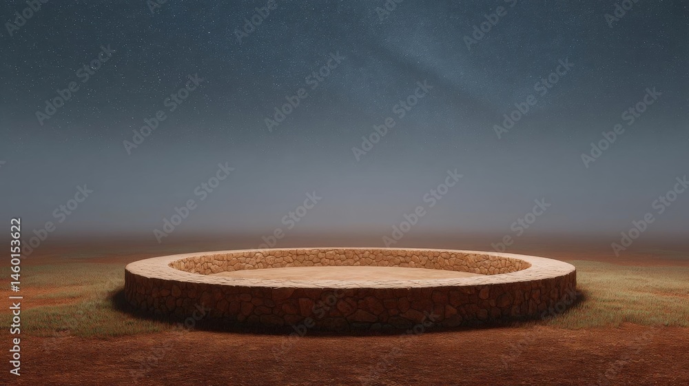 Poster circular stone structure in the middle of a barren landscape. the structure appears to be made of sm