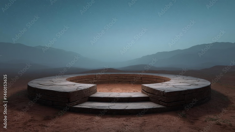 Poster circular stone structure in the middle of a desert landscape. the structure appears to be made of st
