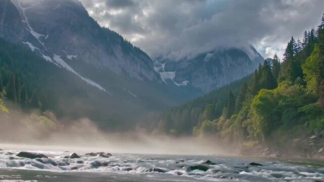 A serene river flowing gently through a majestic mountain range and dense fores.