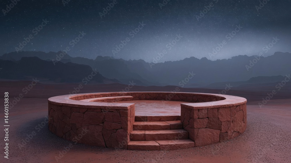 Poster circular stone structure in the middle of a desert-like landscape. the structure appears to be made 