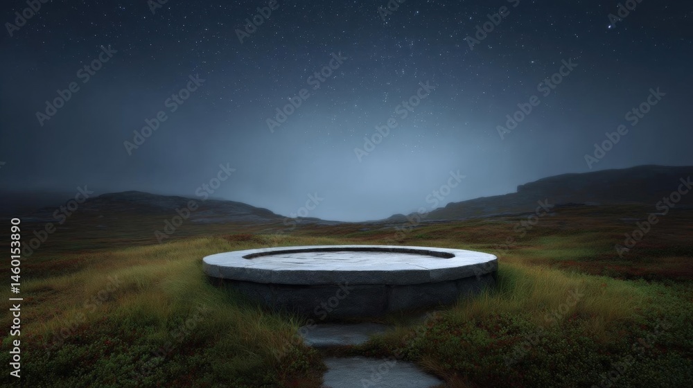 Aufkleber landscape photograph of a round stone structure in the middle of a grassy field. the structure appea