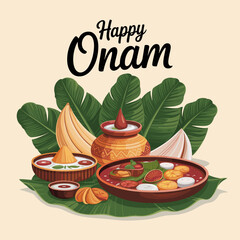 Happy Onam with Traditional Kerala Feast and Banana Leaves