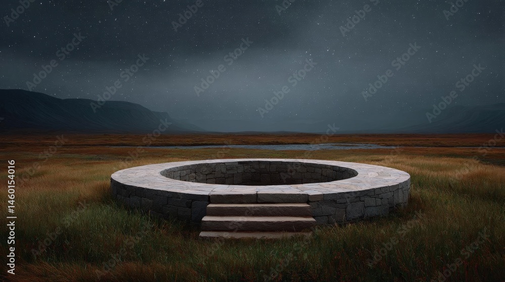 Poster landscape photograph of a round stone structure in the middle of a grassy field. the structure appea
