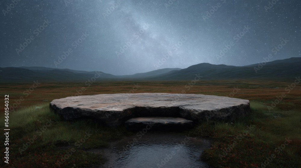 Poster landscape photograph of a vast open field with a large rock formation in the center. the rock format