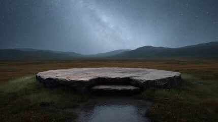 Landscape photograph of a vast open field with a large rock formation in the center. the rock formation is made up of multiple layers of rocks, with a small stream running through it.