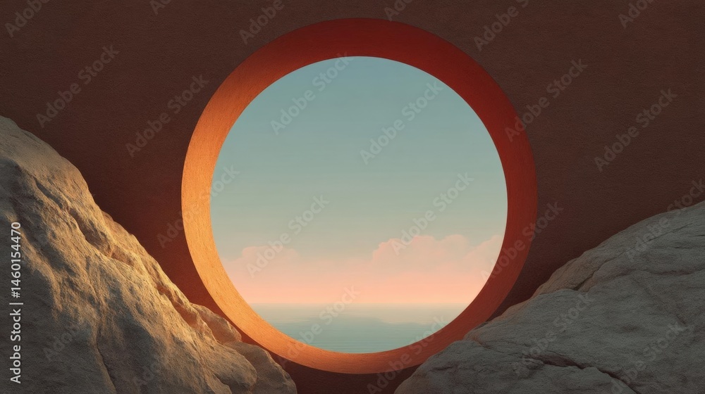 Poster digital illustration of a round window with a red frame. the window is set in a dark brown wall and 
