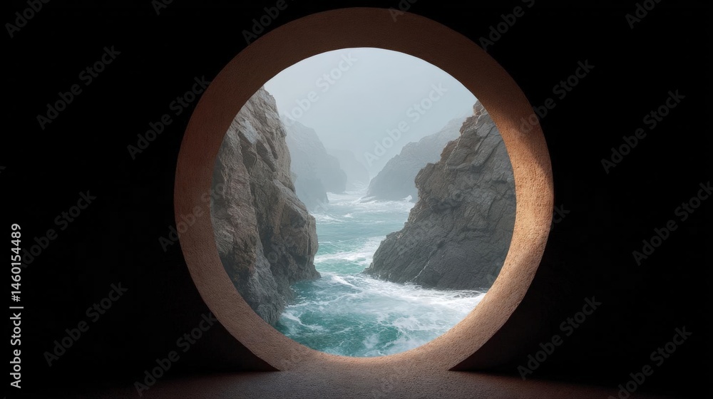 Poster circular window with a view of the ocean through it. the window is set in a dark room with a concret